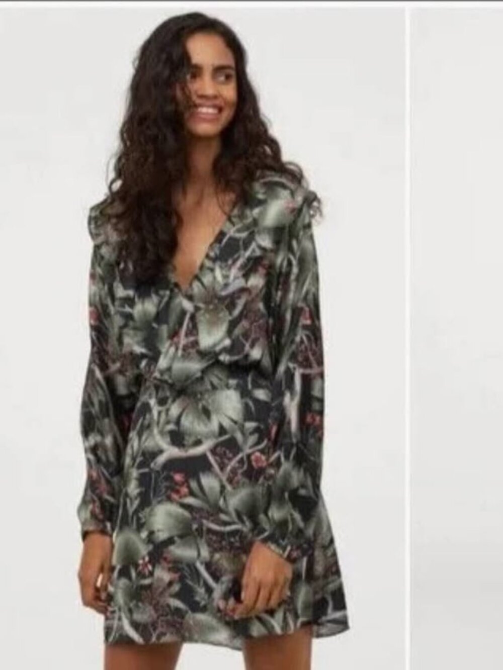 JOHANNA ORTIZ X H&M Green Tropical Floral Print Mini Flounce Dress (Size L)